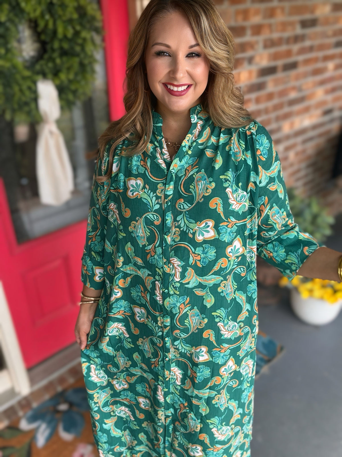 Umgee Hunter Green Paisley Button-Front Maxi Shirt Dress