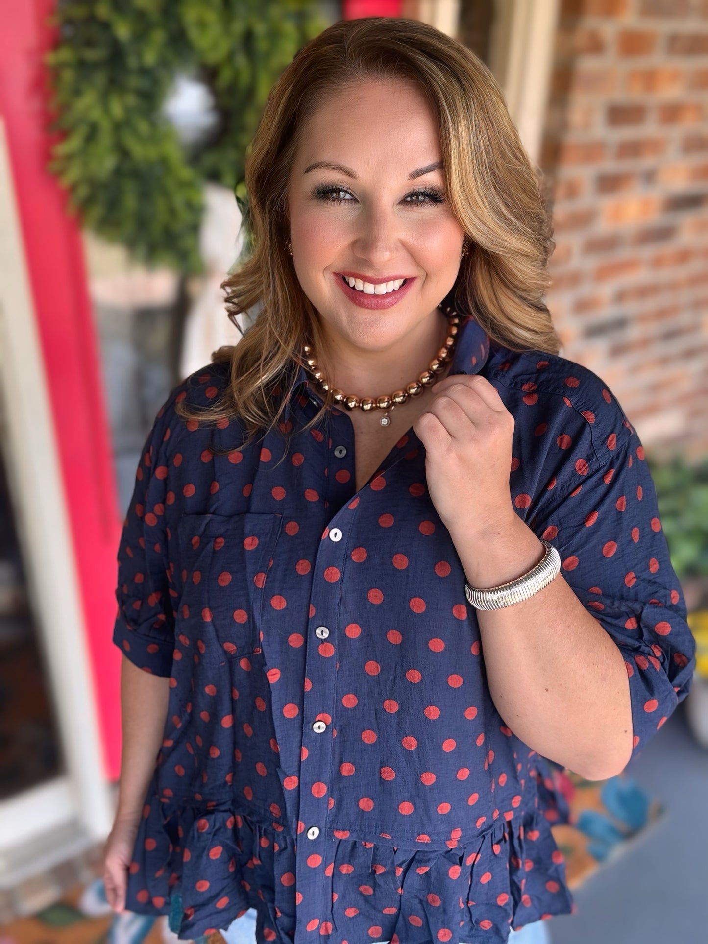 Entro Navy & Burnt Orange Polka Dot Game Day Top