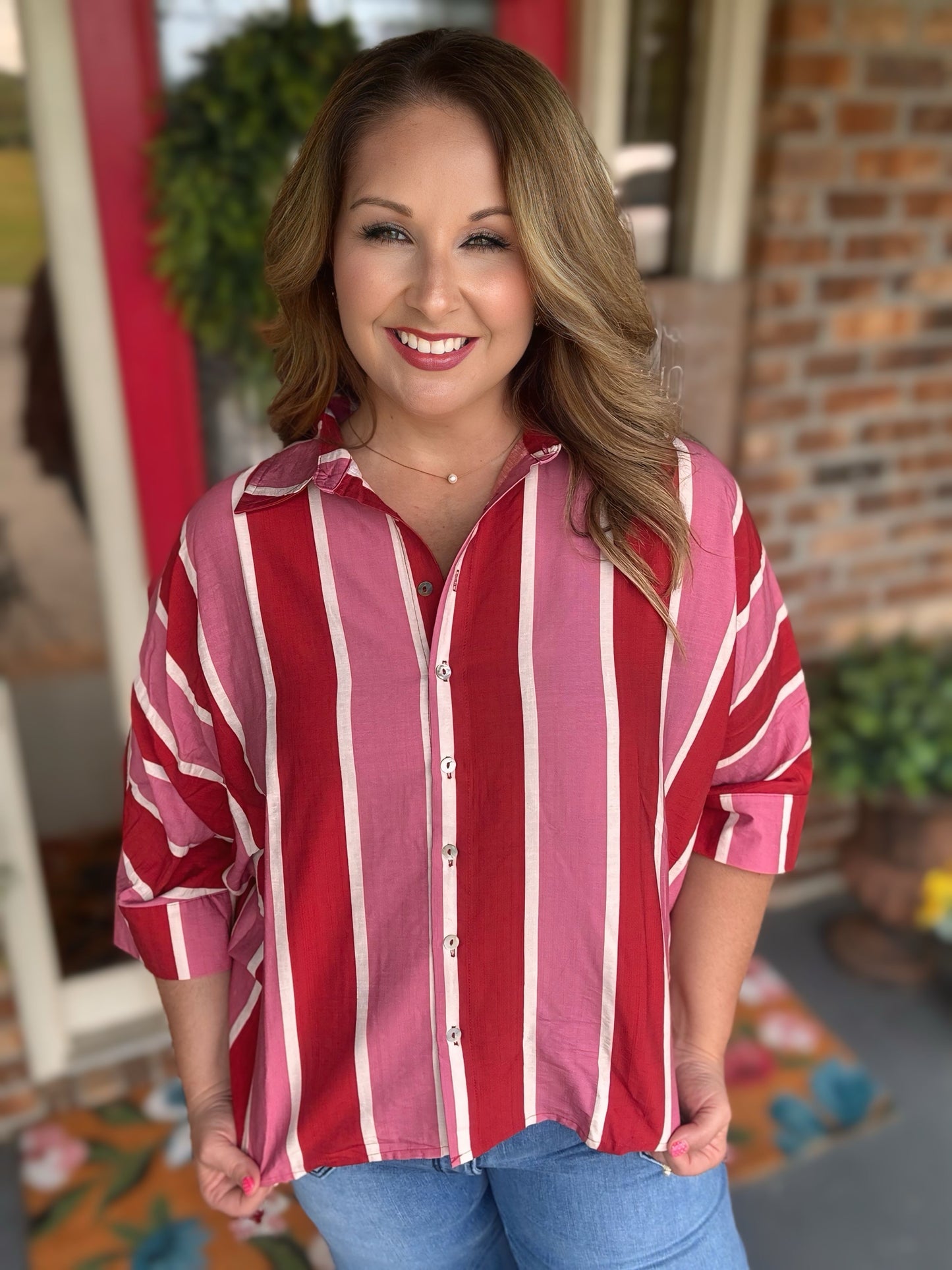 Entro Striped Rust/Pink Button Up Top
