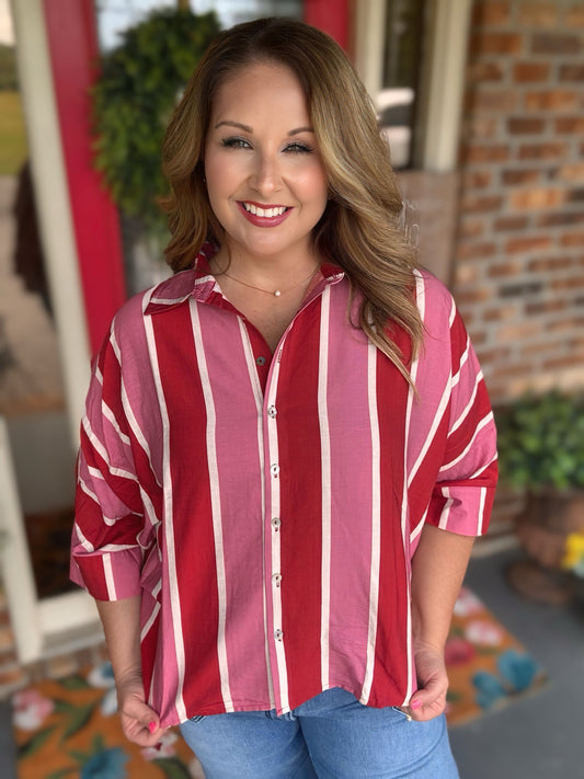Entro Striped Rust/Pink Button Up Top