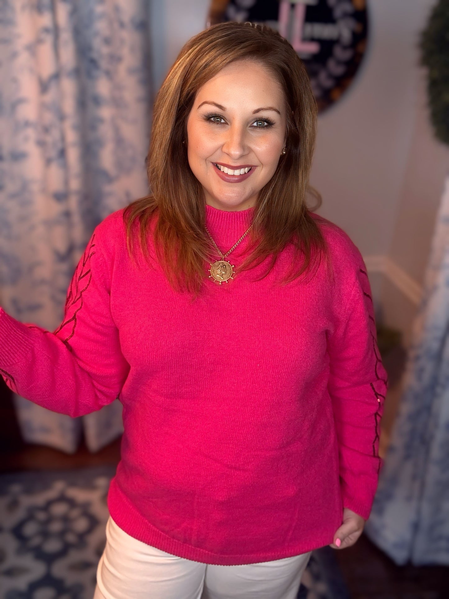 Pink Sequin Sleeve Sweater Top