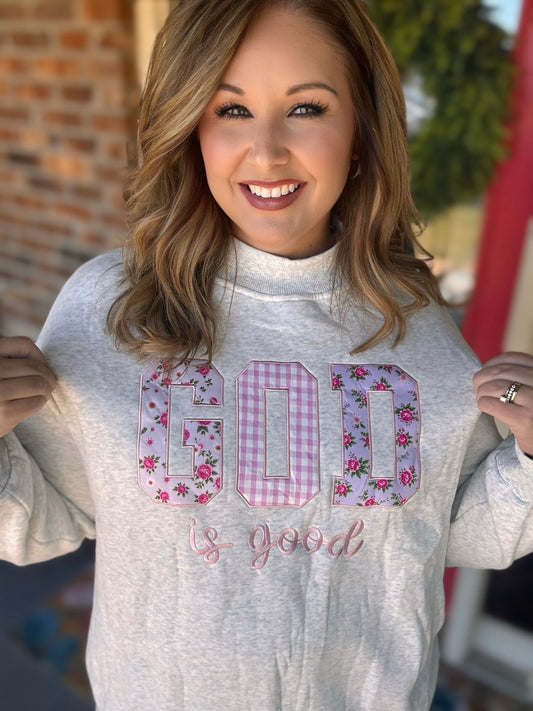 God Is Good Embroidered Mock Neck Sweatshirt