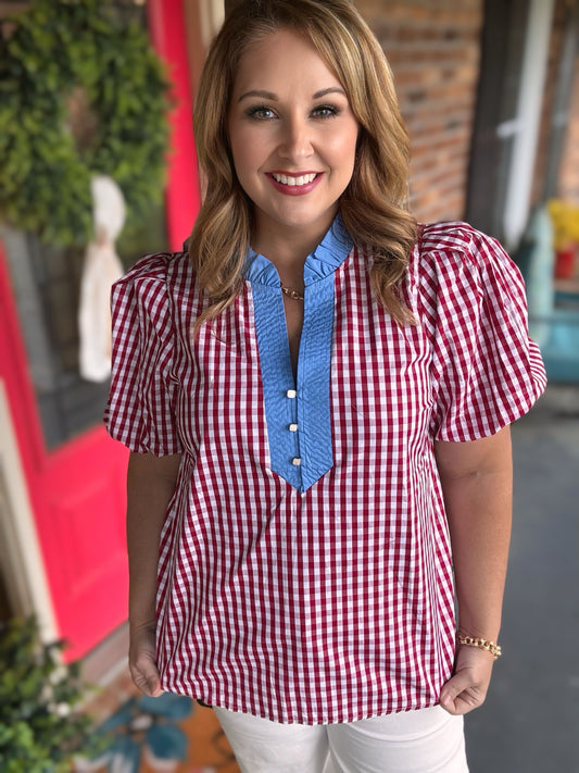 Gingham Red/Blue Puff Sleeve Top