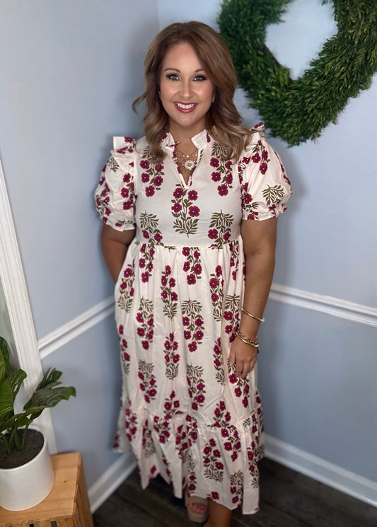 Ivory & Red Floral Midi Dress