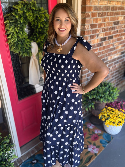 Navy Polka Dot Midi Dress