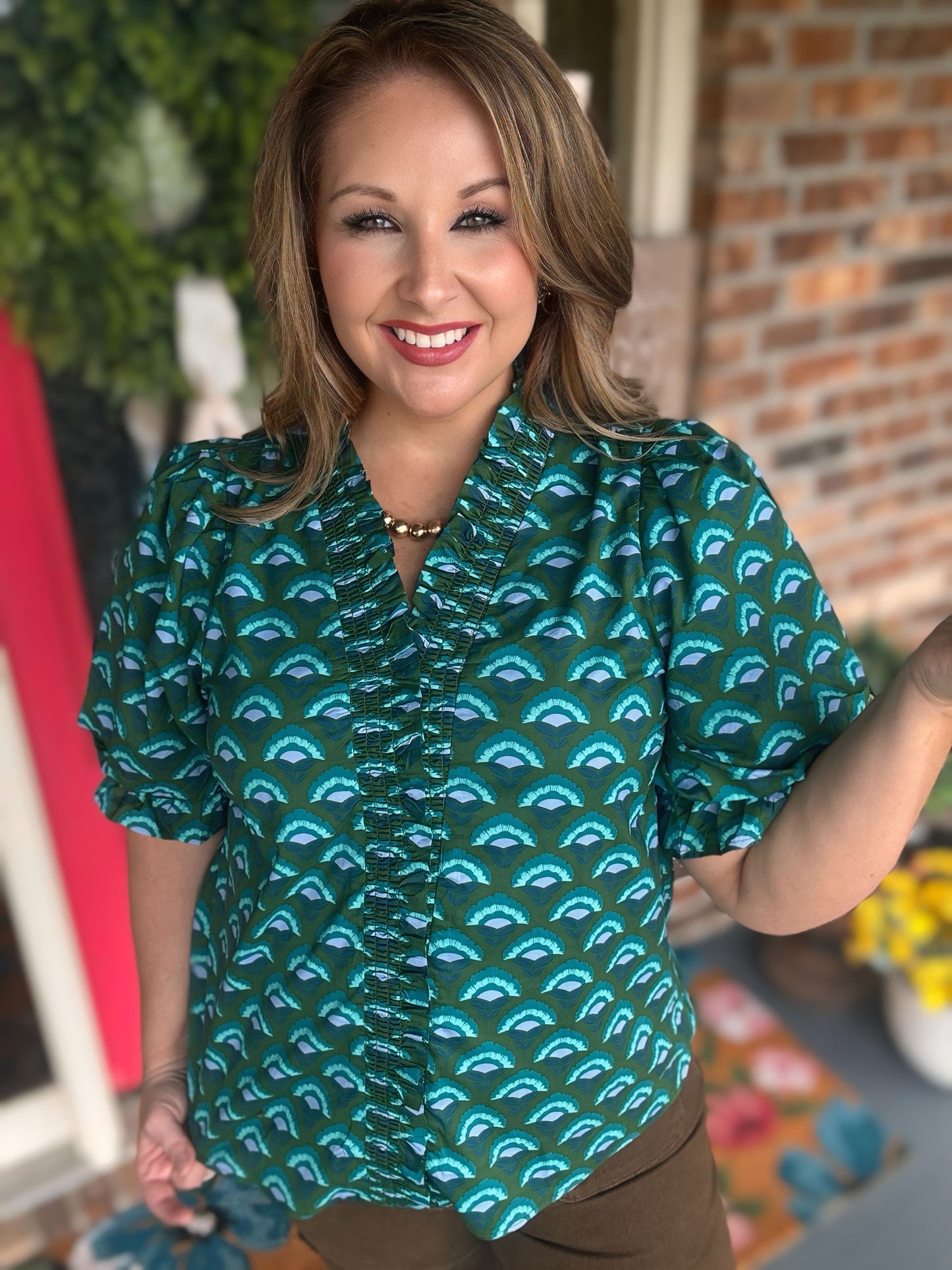 Entro Geometric Print Ruffle V-Neck Top – Regular & Plus hi