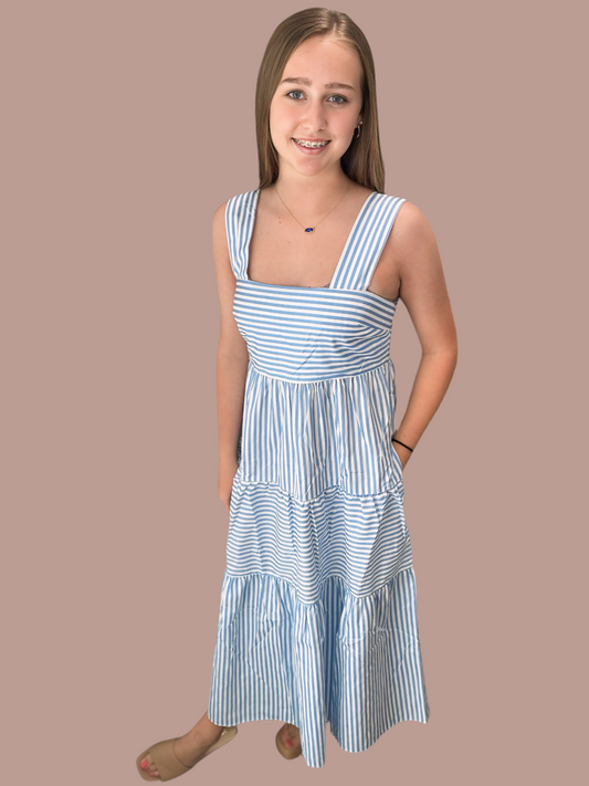 Blue striped multi tier midi dress