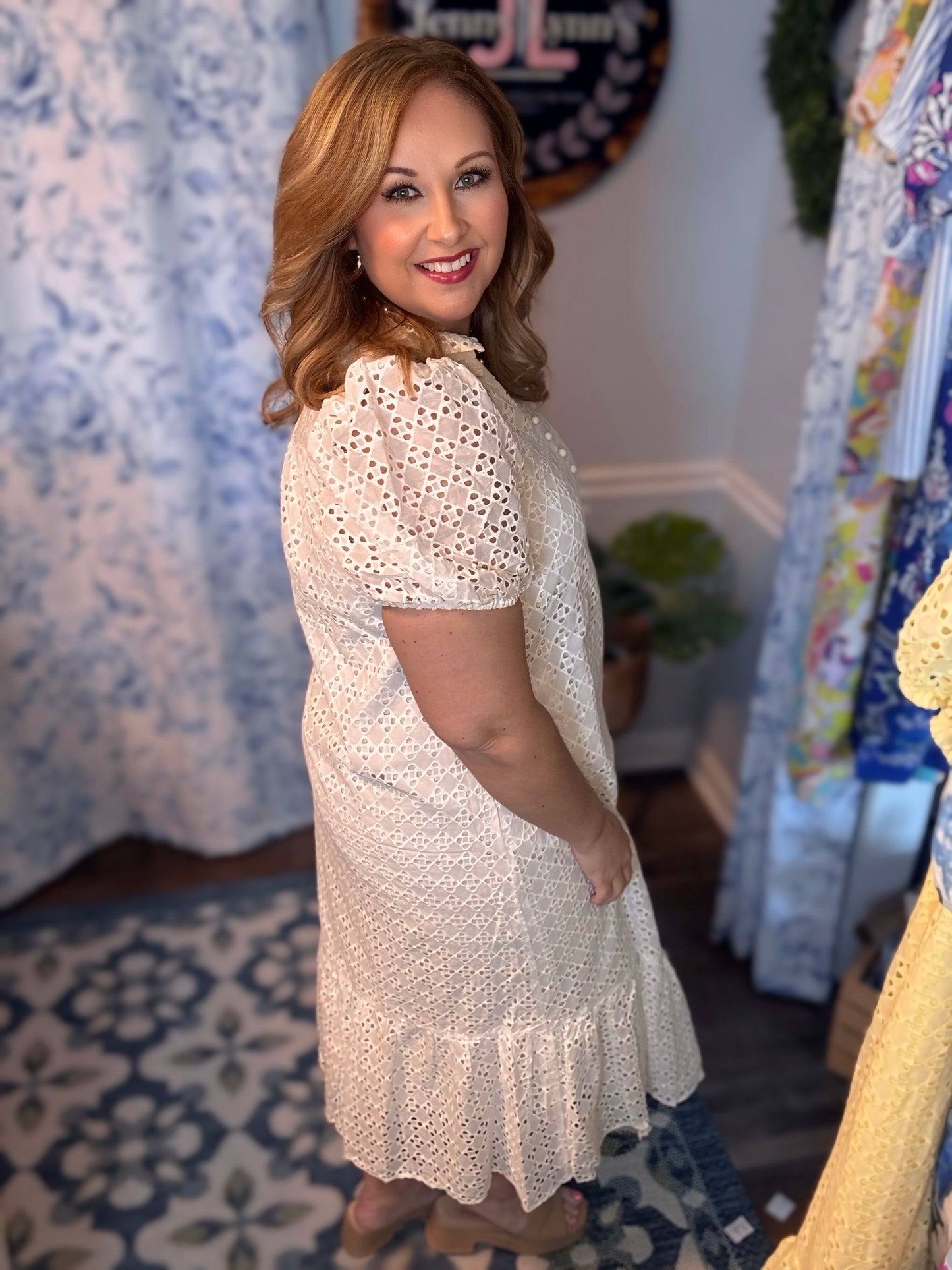 Entro Off White Eyelet Midi Dress