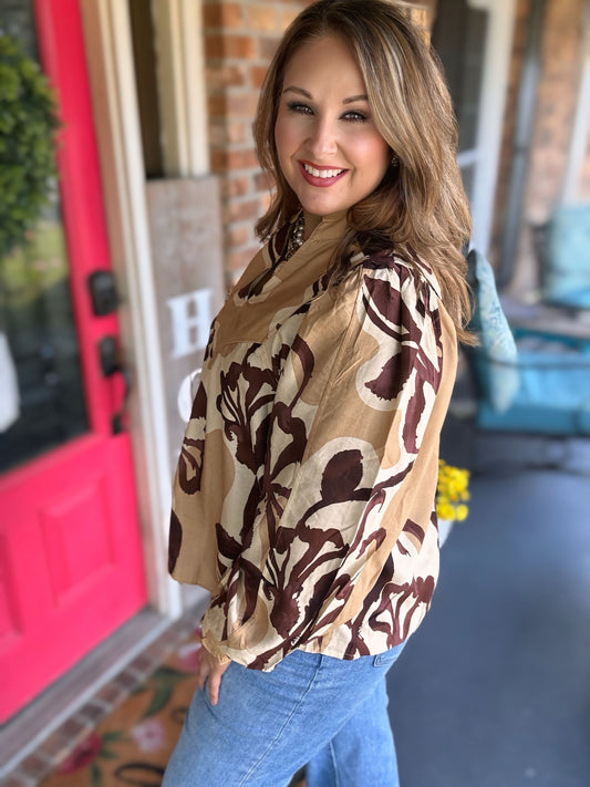 Entro Sand Floral Balloon Sleeve Top