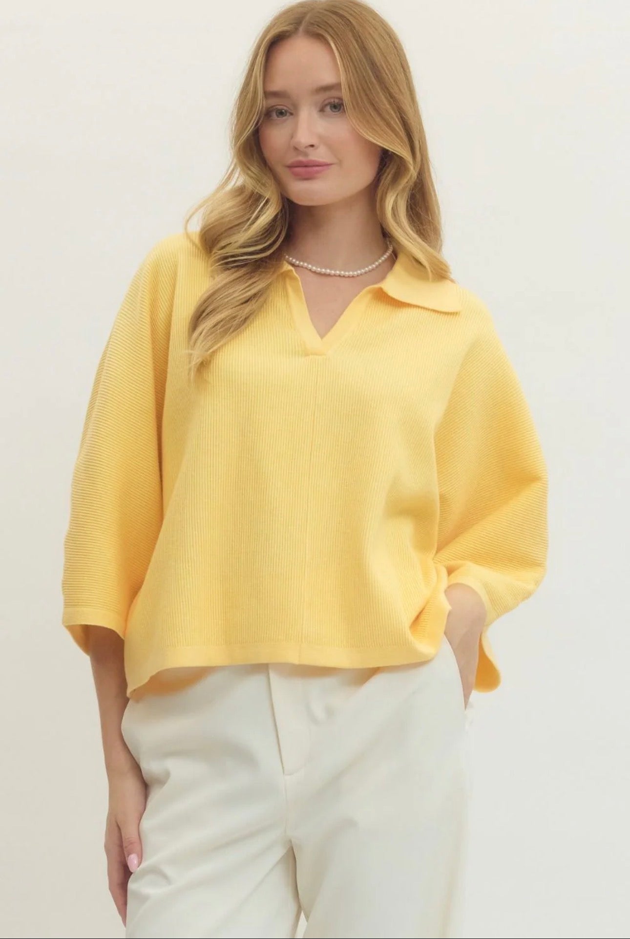 Butter Yellow Entro V Neck Knit Top