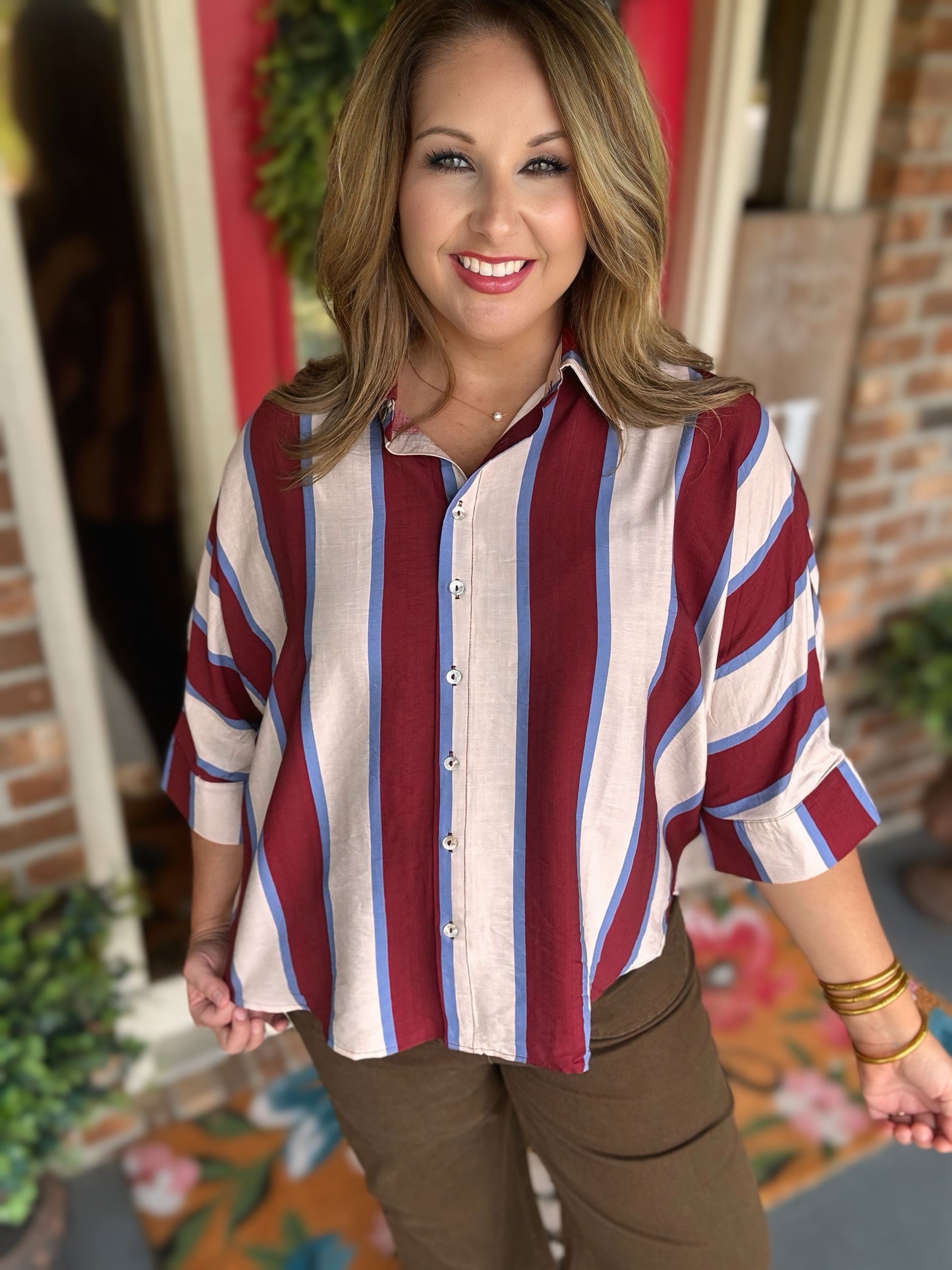 Entro Burgundy & Blue Striped Button-Front Blouse