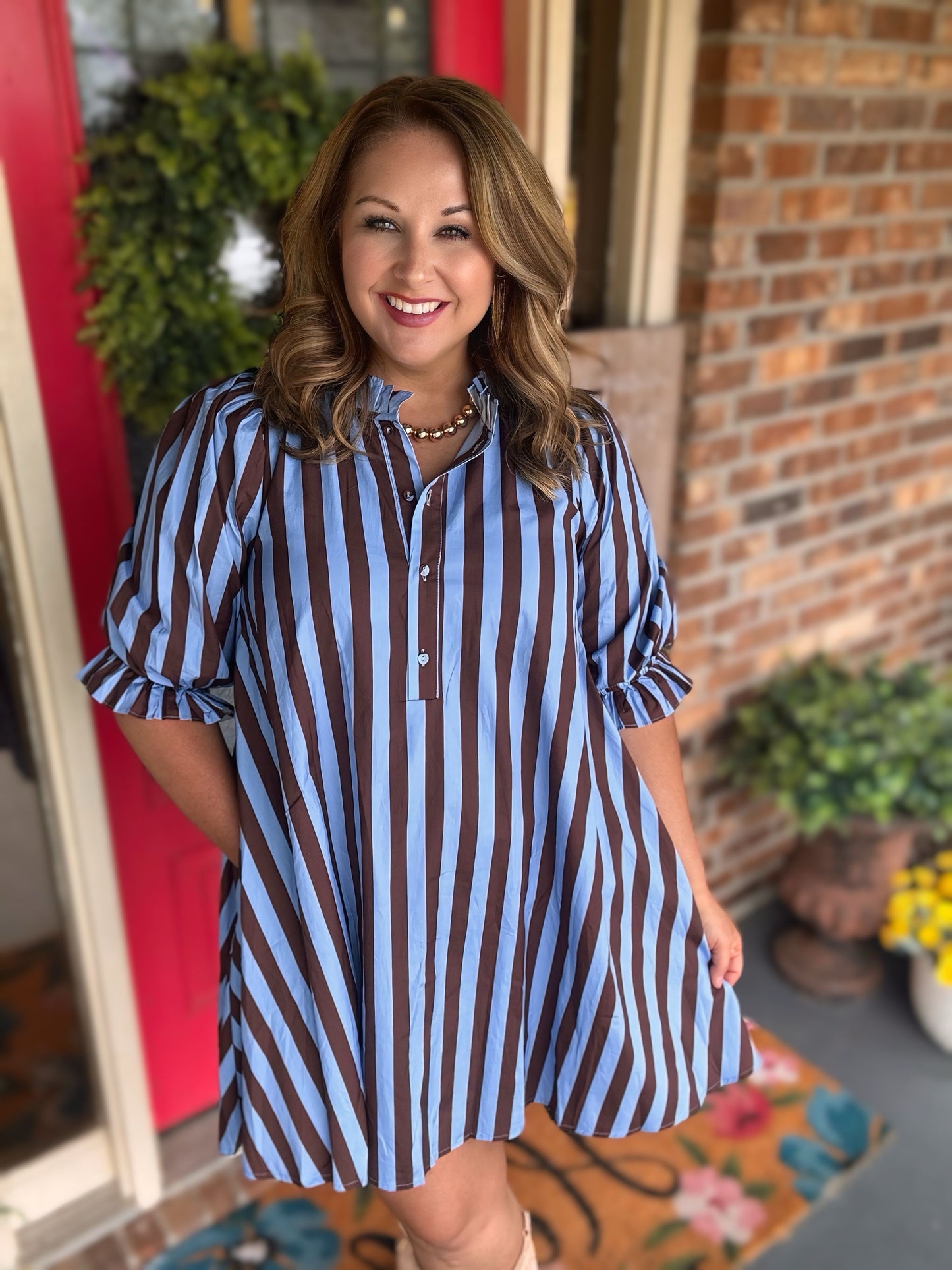 Entro Striped Mini Dress Blue Brown