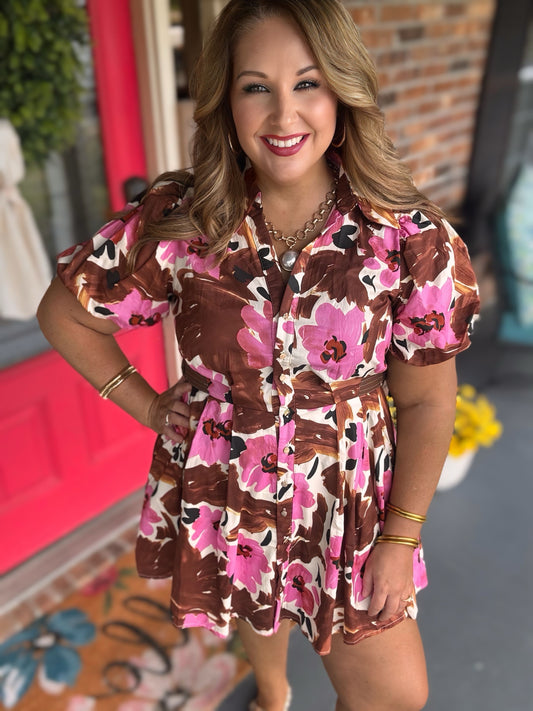 Entro Brown & Pink Floral Puff Sleeve Mini Dress