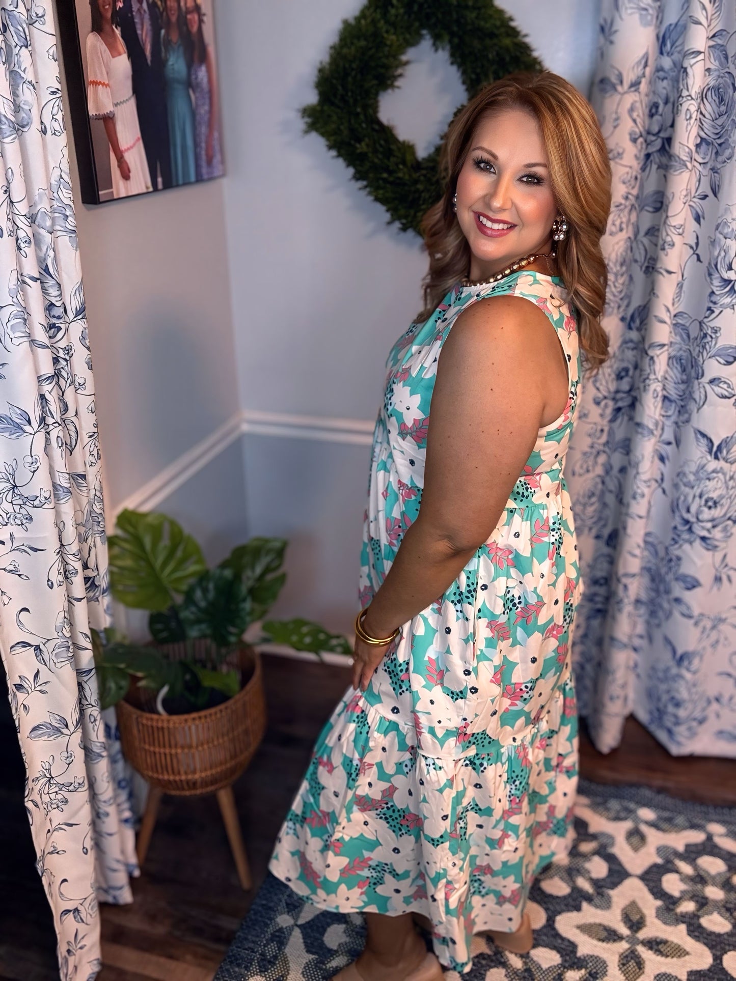 Teal FLORAL PRINT POPLIN TIERED MIDI DRESS
