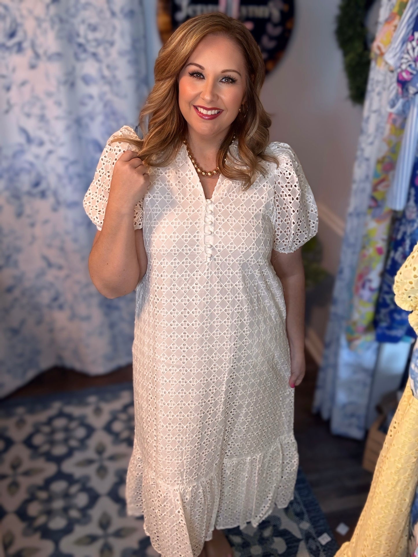 Entro Off White Eyelet Midi Dress