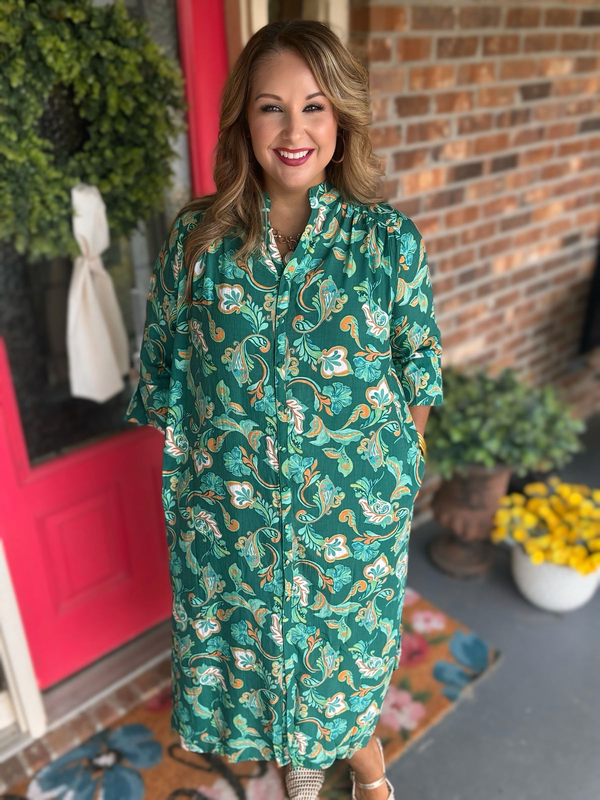 Umgee Hunter Green Paisley Button-Front Maxi Shirt Dress