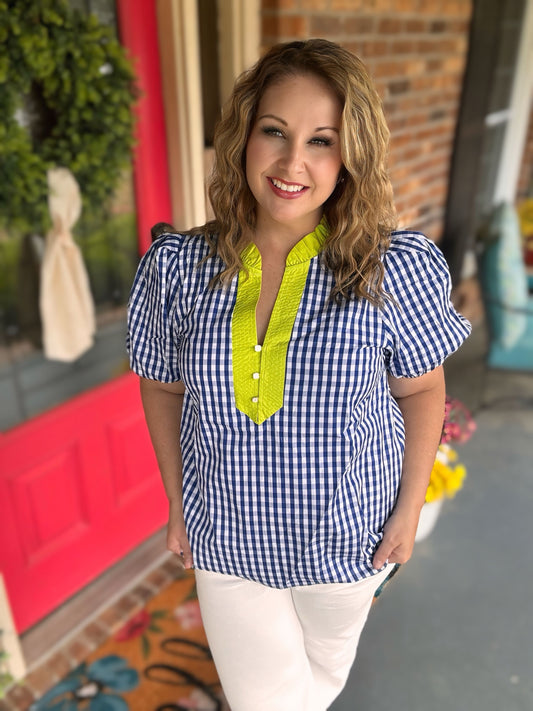Entro Indigo Gingham Puff Sleeve Top