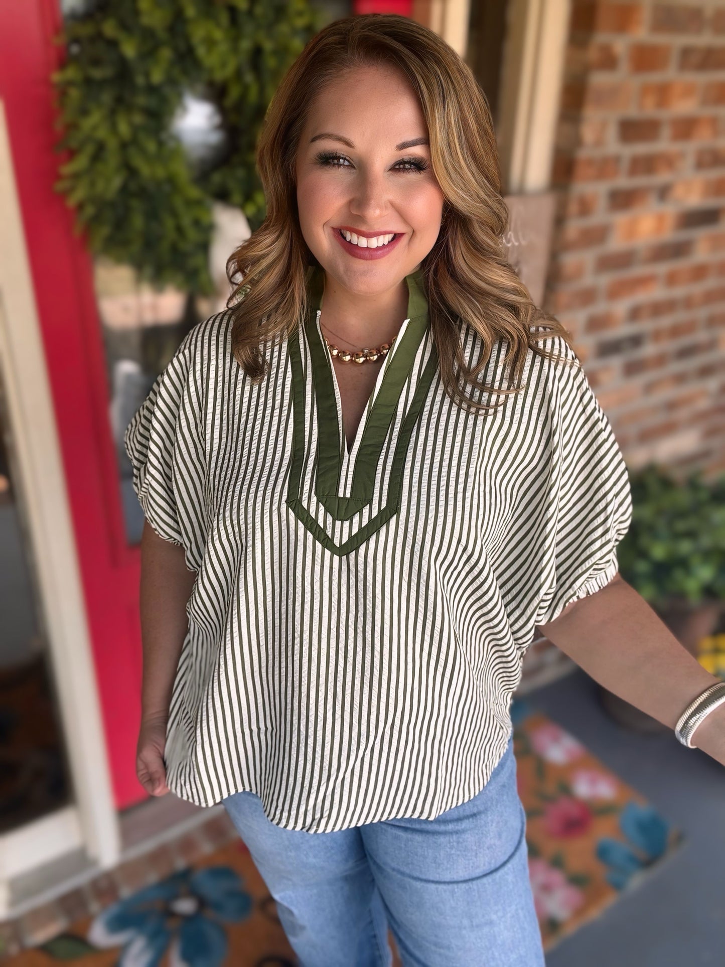 Entro Olive Striped Split Neck Top