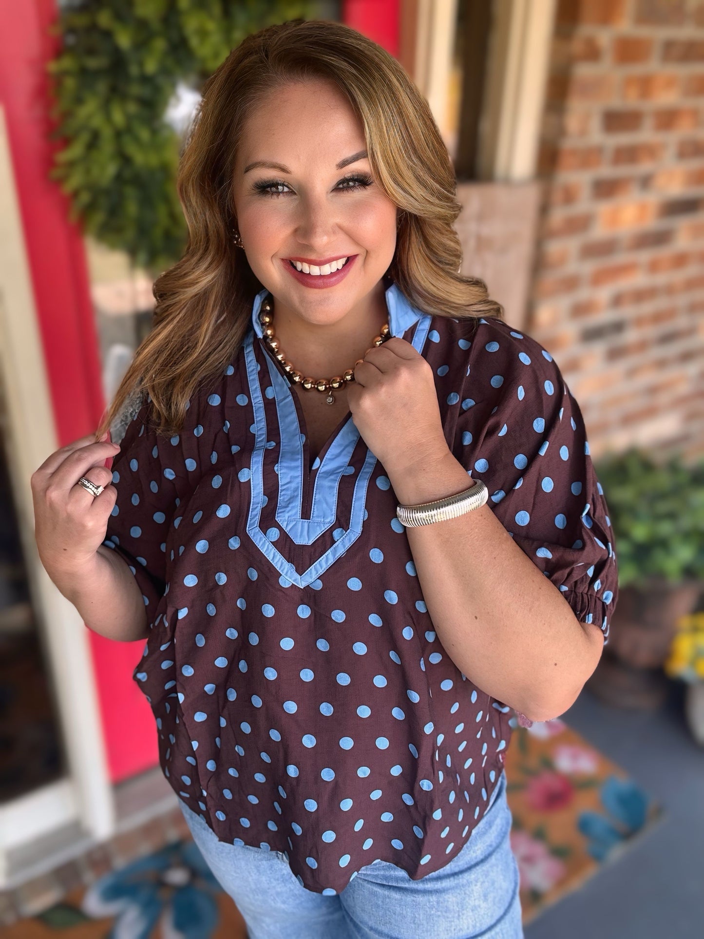 Entro Brown Blue Polka Dot Top