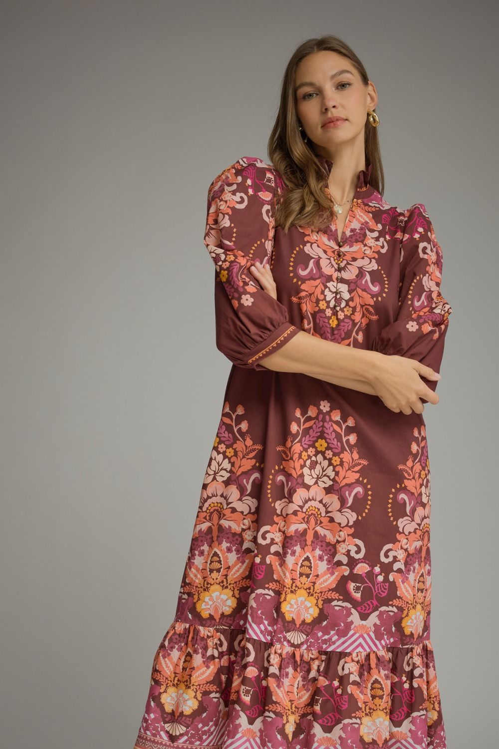 Entro Burgundy Border Floral Print Midi Dress
