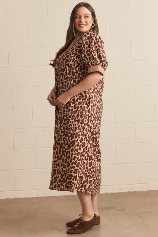 Ecru Leopard Gingham Trim Midi Dress