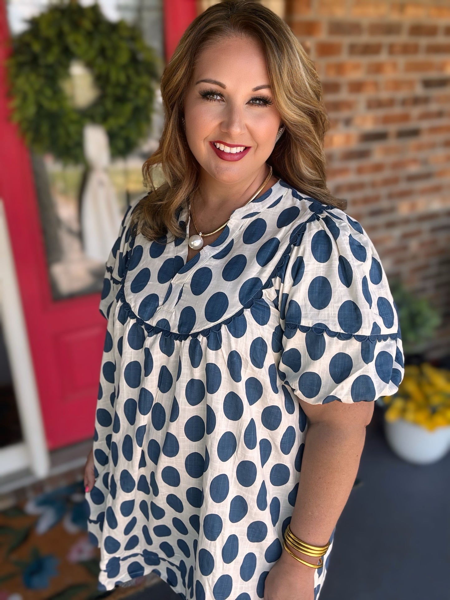 Blue Easel POLKA DOTS LINEN MINI DRESS