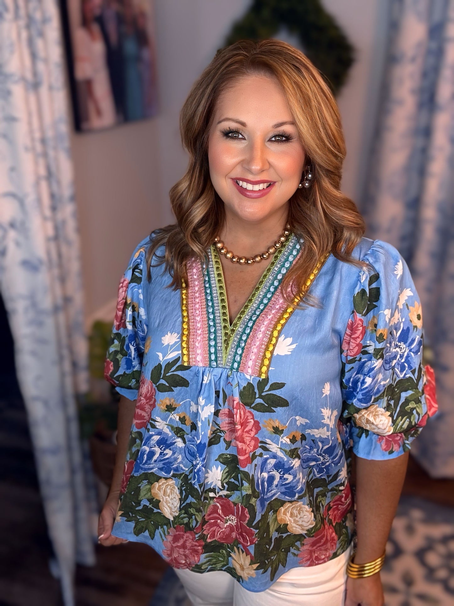 Blue Floral Puff Sleeve Top w/Embroidery