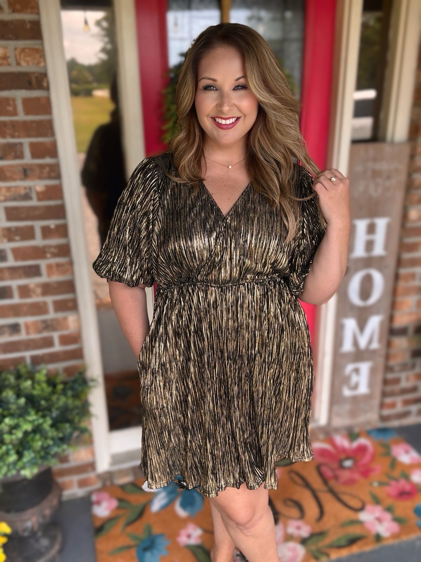 Easel Foil Crinkled Metallic Dress with Pockets