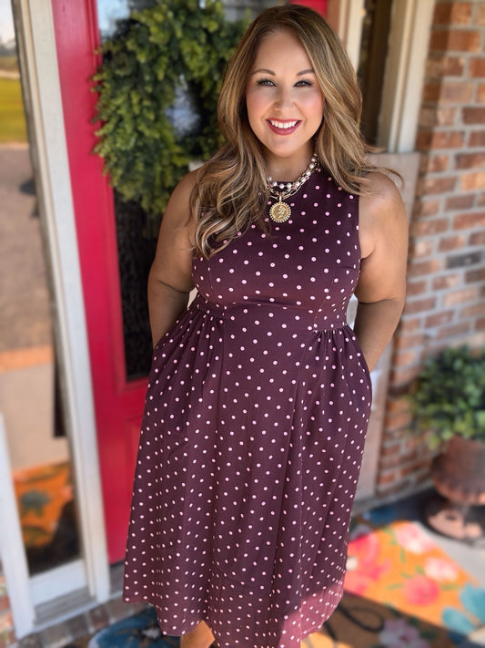 Entro Burgundy Polka Dot Midi Dress