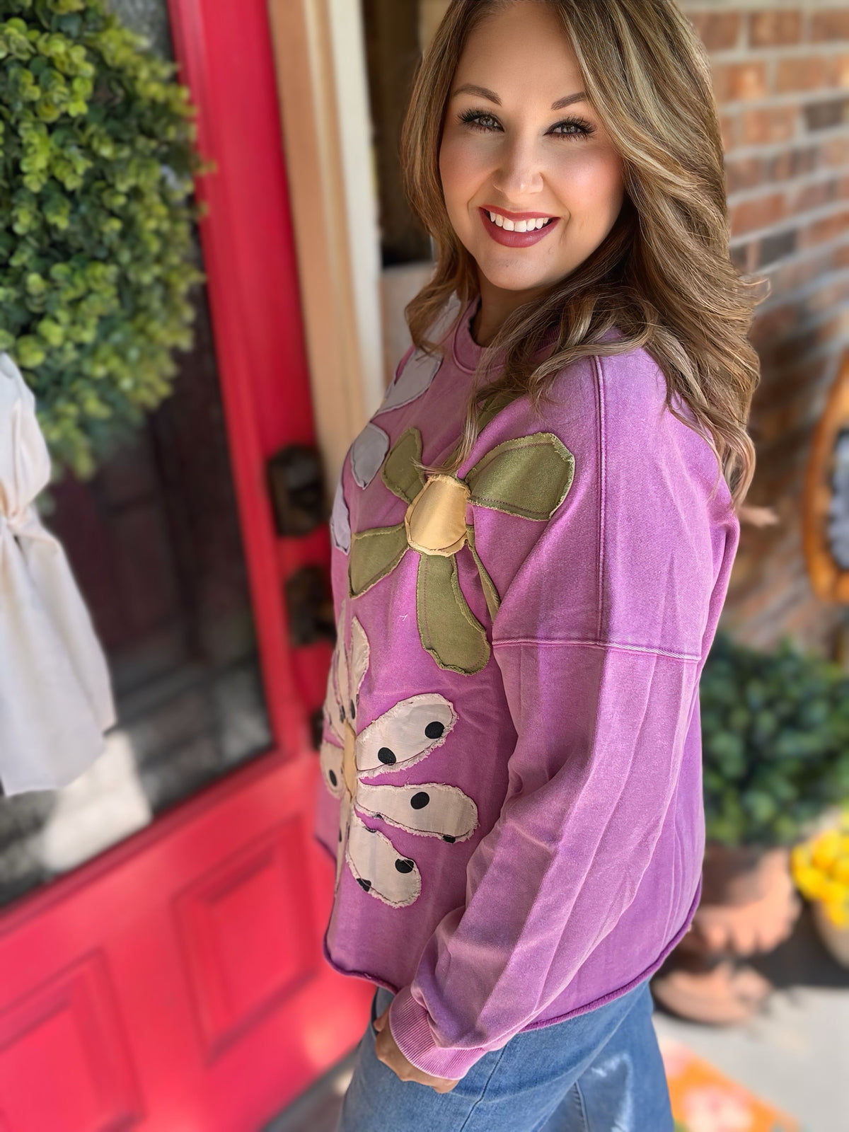 Floral Patchwork Mineral Washed Pullover – Pink | Easel