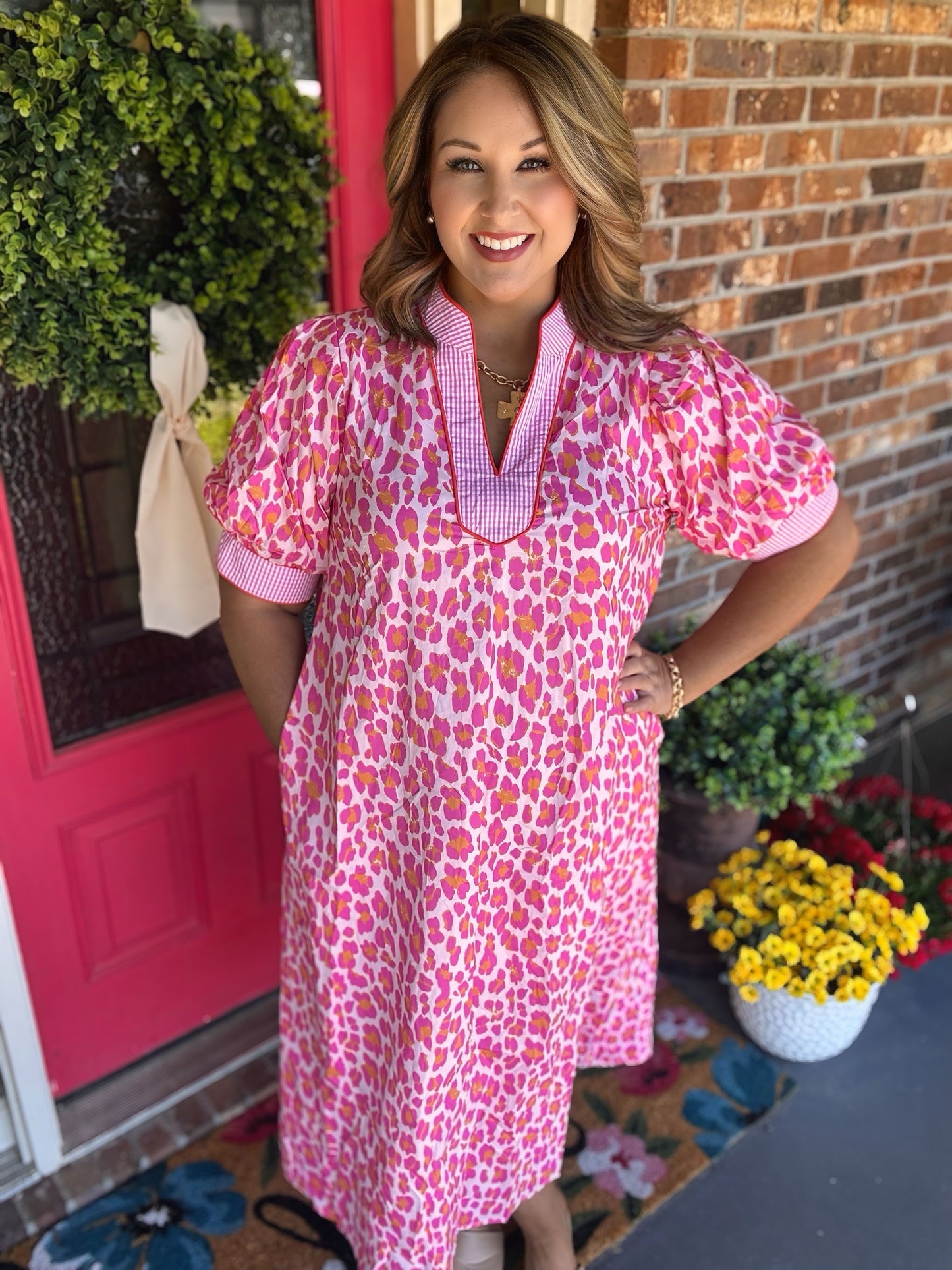 Entro Pink Leopard Midi Dress