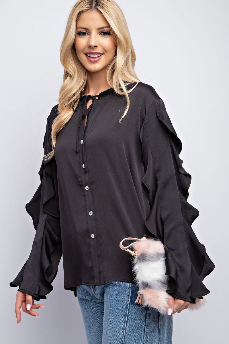 CRINKLED SATIN BUTTON DOWN TOP