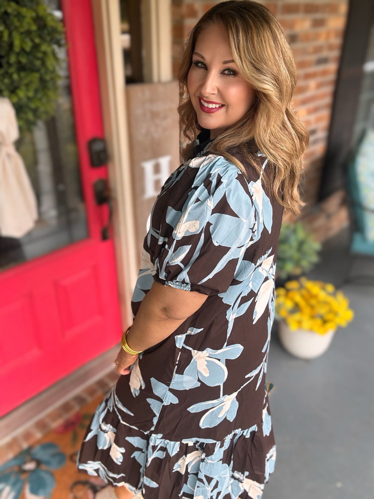 Entro Blue/Brown Floral Puff Sleeve Ruffle Midi Dress