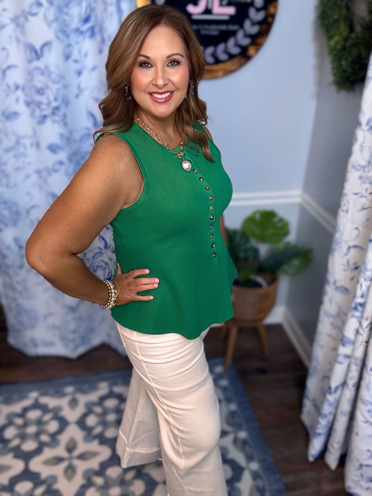 Entro Green Sleeveless Front Button Peplum Top