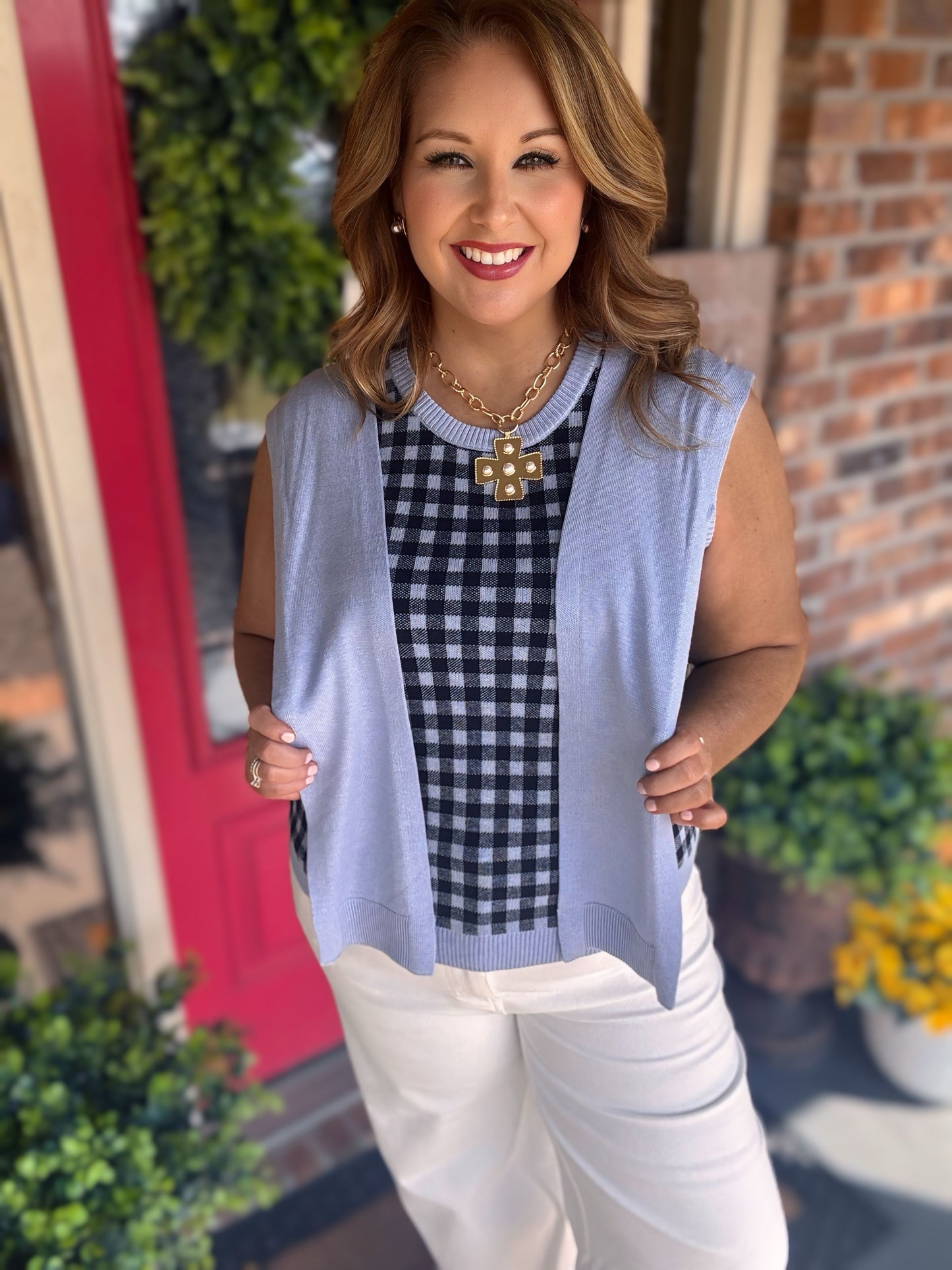Entro Navy Gingham Knit Top