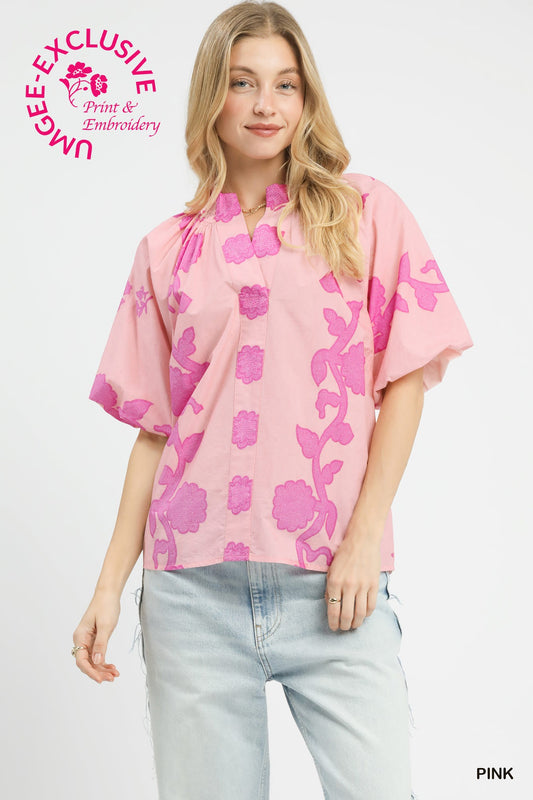 Pink Print Smocked Collared Top