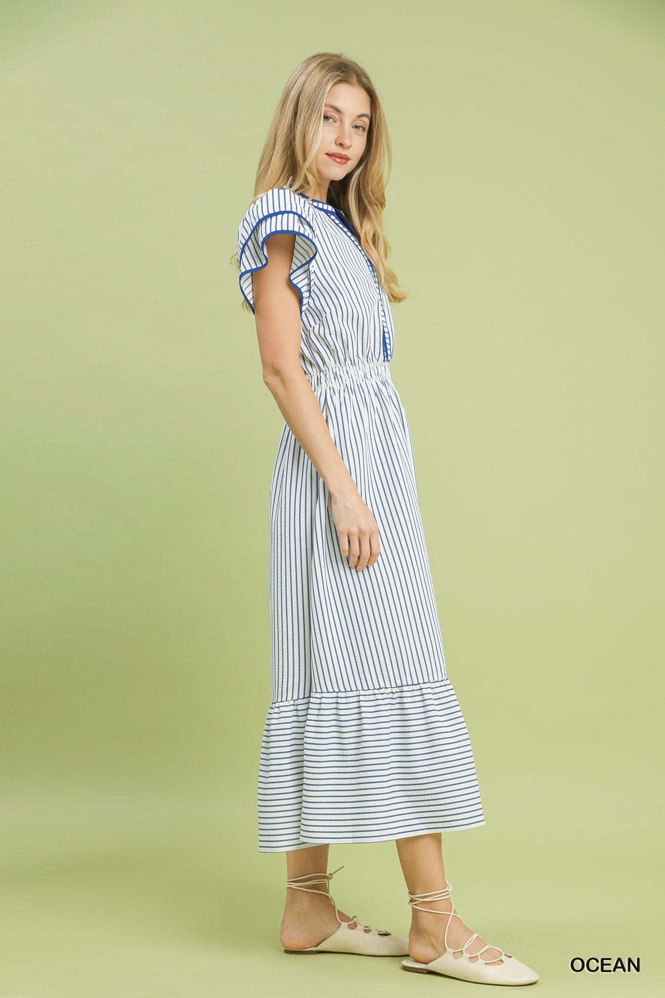 Plus Size Umgee Striped Flutter Sleeve Midi Dress