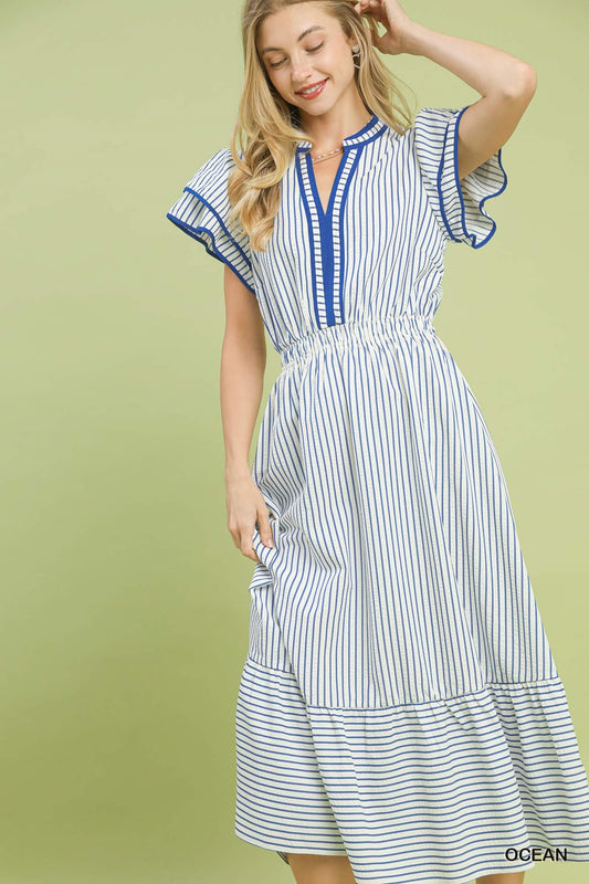 Plus Size Umgee Striped Flutter Sleeve Midi Dress