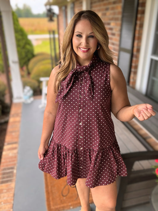 Entro Burgundy Polka Dot Sleeveless Mini Dress
