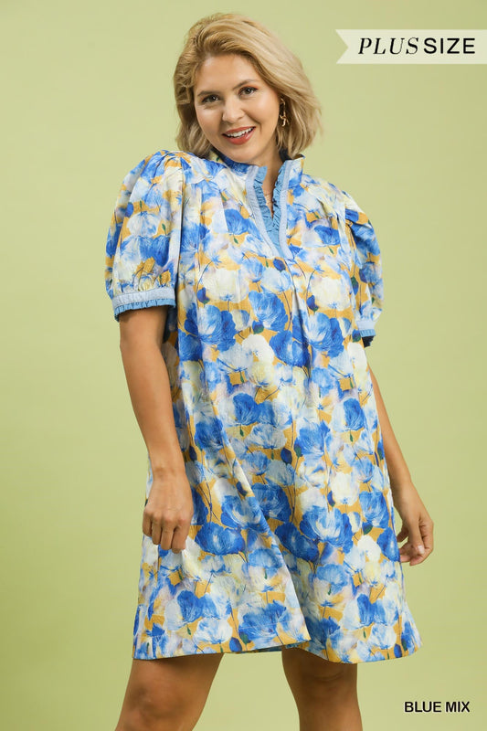 Umgee Plus Size Floral Puff Sleeve Dress