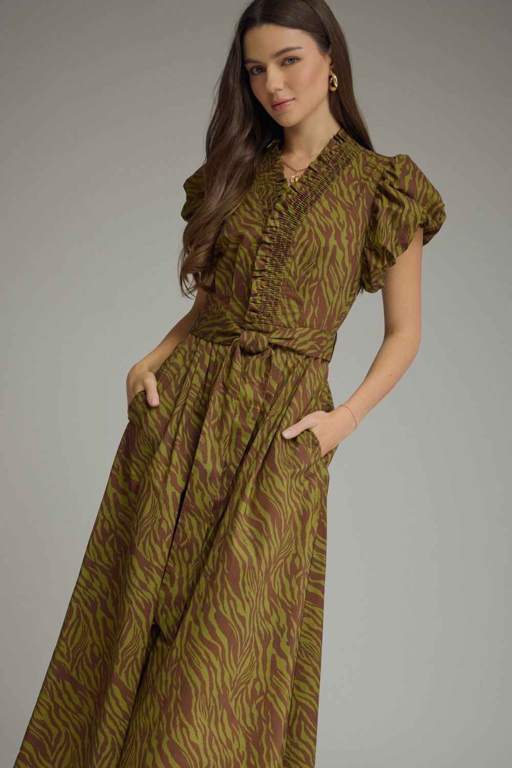 Entro Olive Tiger Print Midi Dress