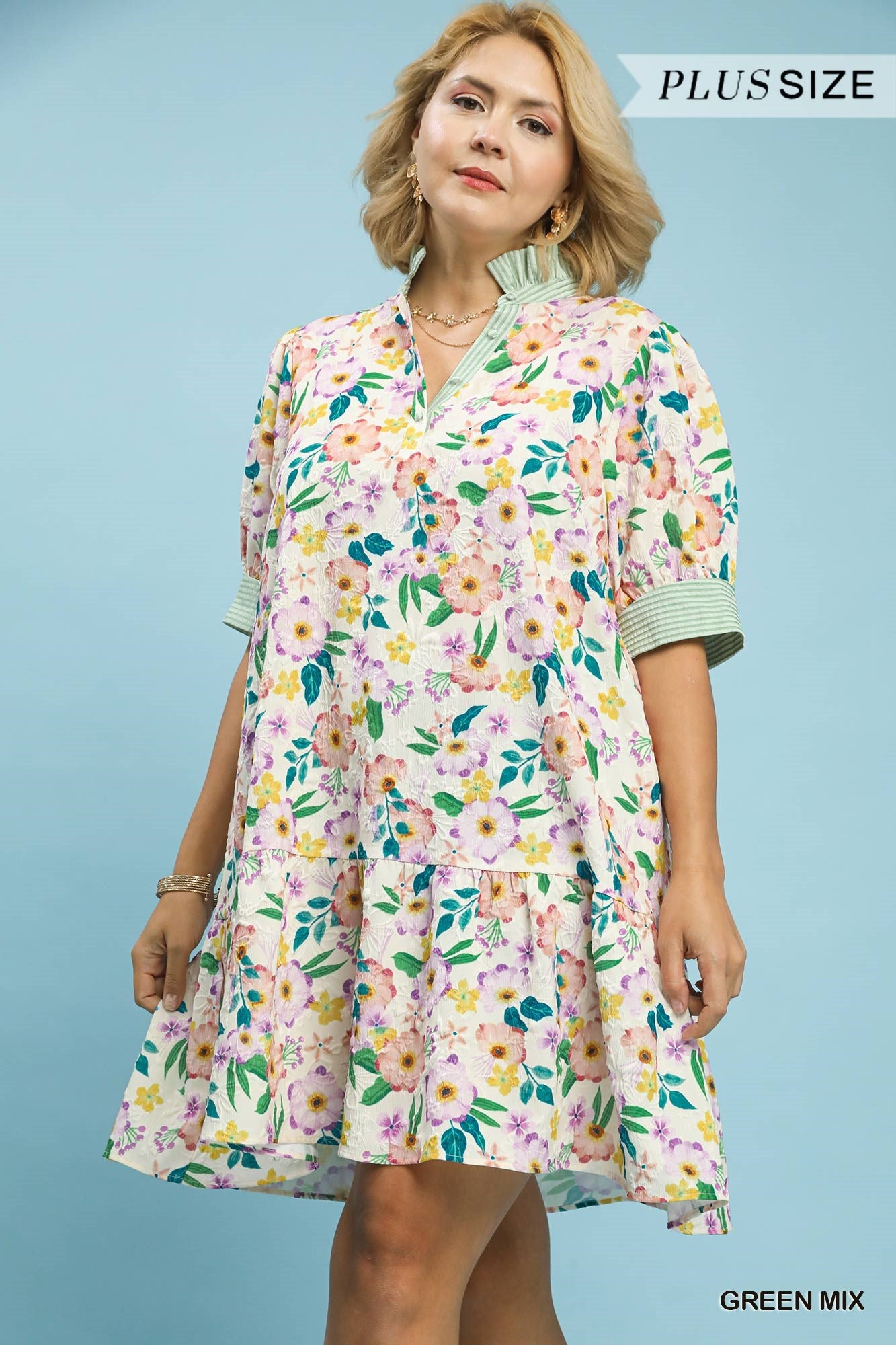 Umgee Plus Floral Ruffle Collar  Babydoll Dress