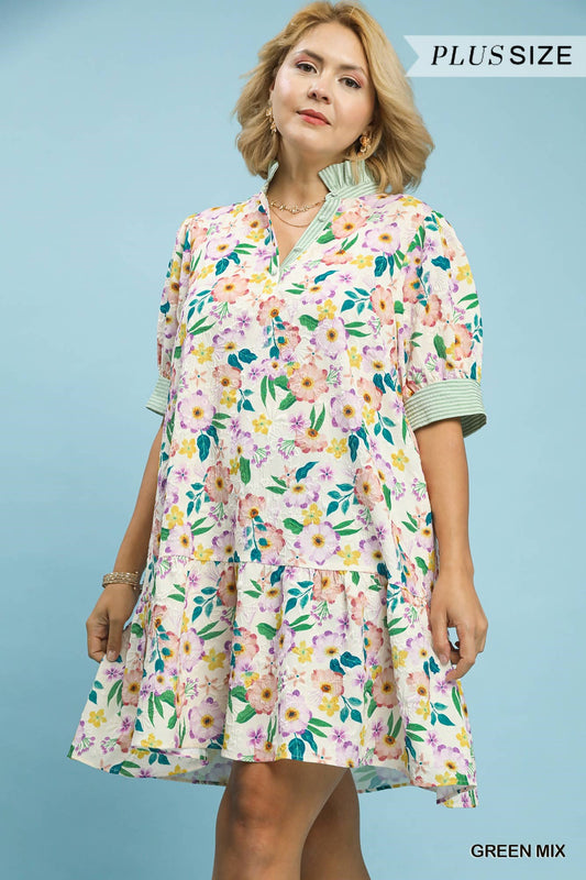 Umgee Plus Floral Ruffle Collar  Babydoll Dress