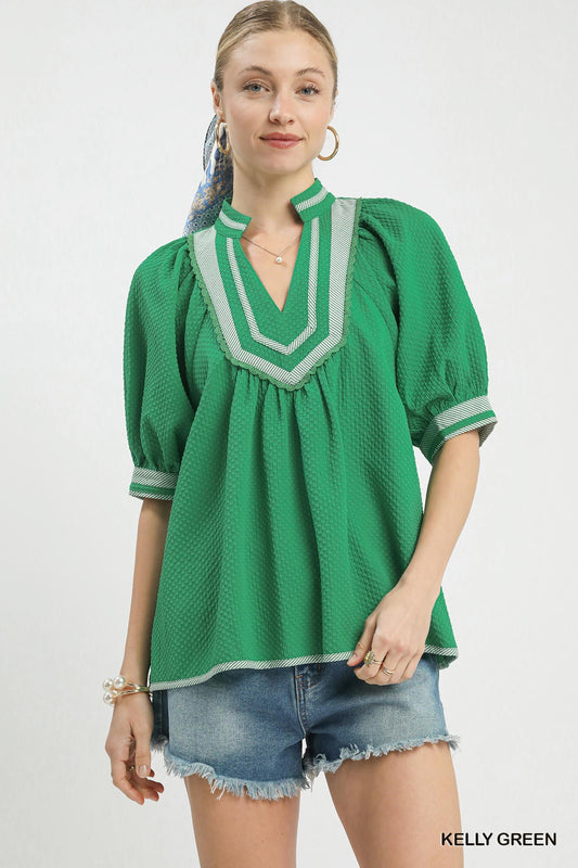 Green Textured Jacquard Contrast Trim Top
