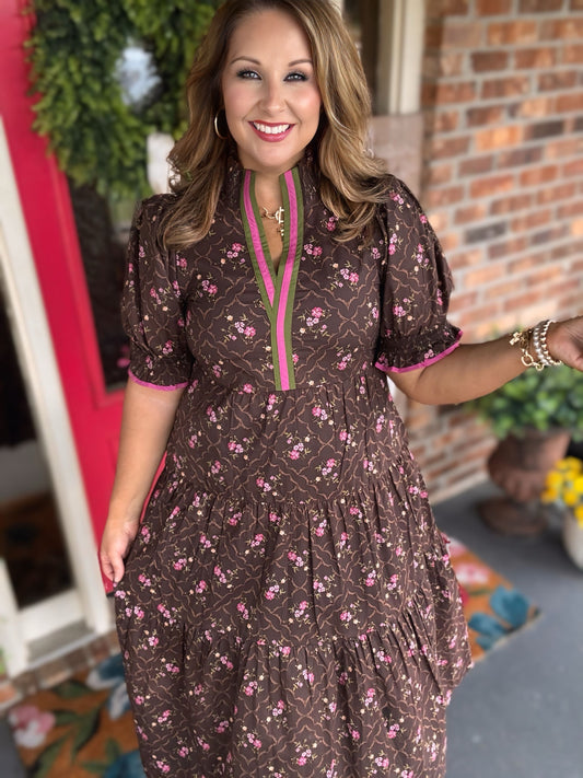 Entro Brown Floral Contrast Trim Midi Dress with Pockets in