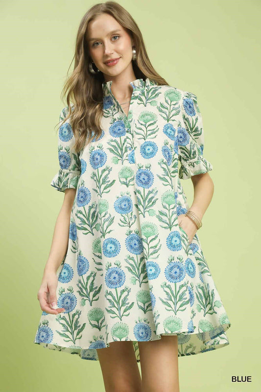 Blue Floral Puff Sleeve Babydoll Dress