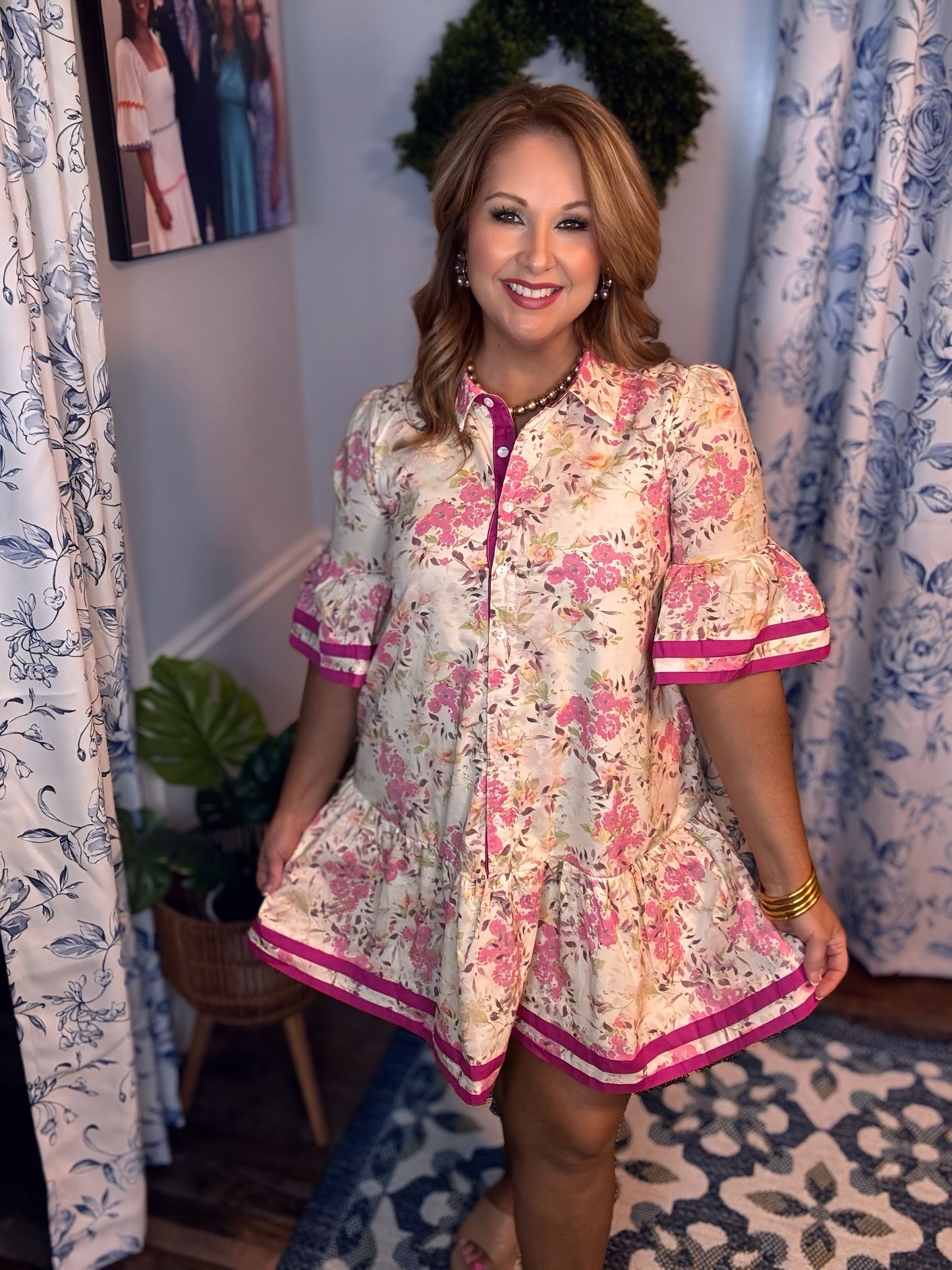 Rose/Fuchsia Bell Sleeve Floral Mini Dress