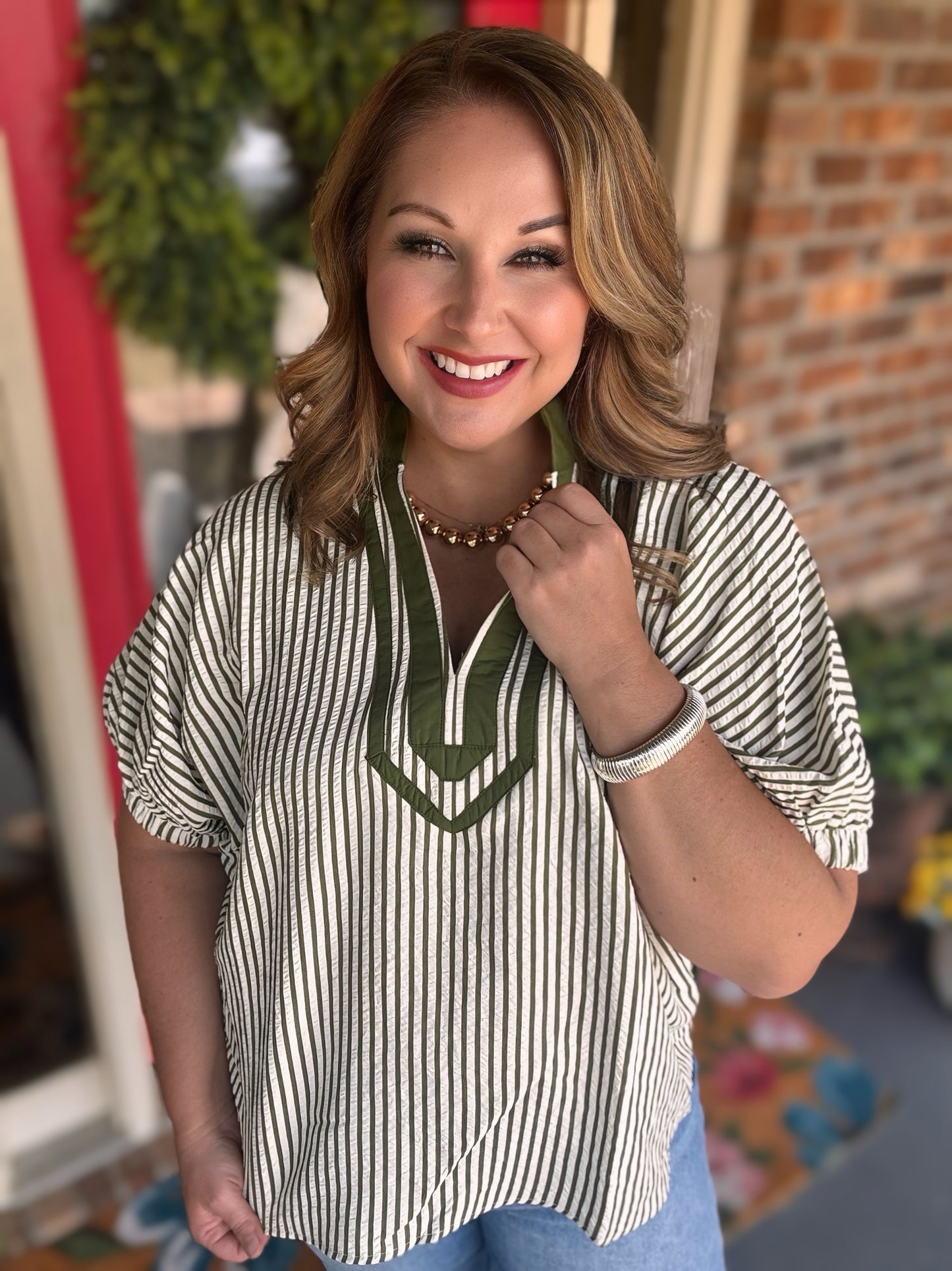 Entro Olive Striped Split Neck Top