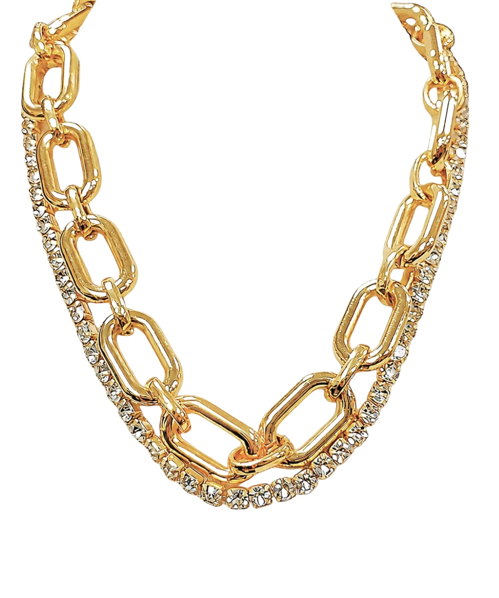 Layered Oval & Crystal Chain Necklace