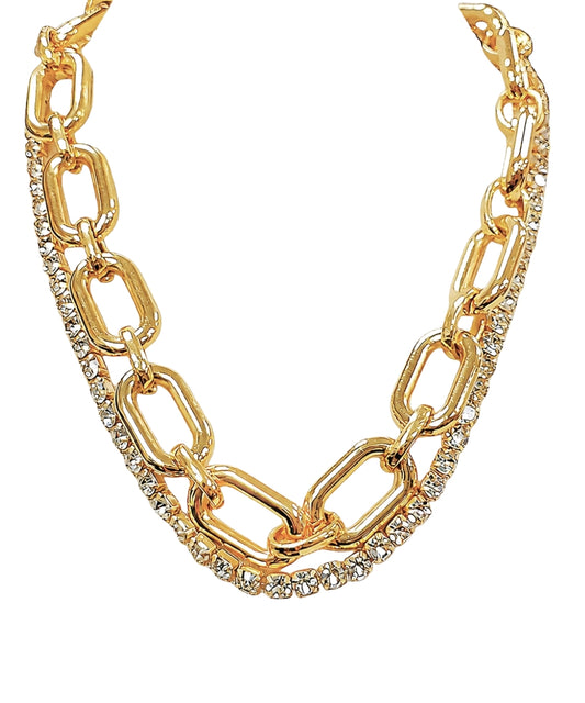 Layered Oval & Crystal Chain Necklace